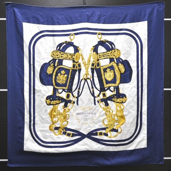 Authentic HERMES Carre 90 Scarf "BRIDES de GALA" Silk Navy Blue White - Picture 1 of 12